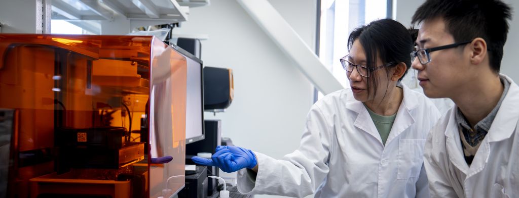 Two researchers looking at a 3D printer