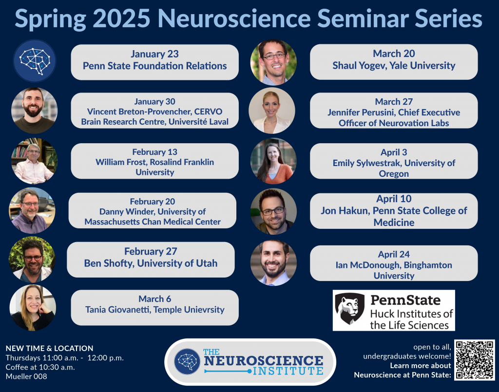 Spring 2025 seminar schedule for the Neuroscience Seminar Series. Seminars are Thursdays, 11am-12pm in Mueller 008