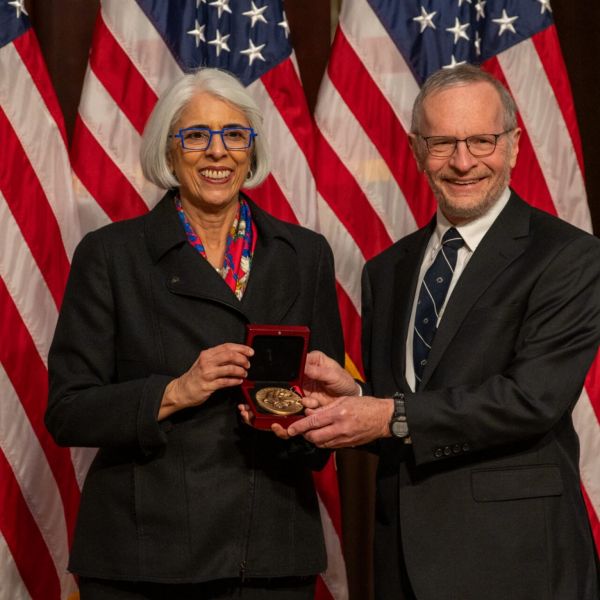 Arati Prabhakar, director of the White House Office of Science and Technology Policy, awards Richard Alley, Evan Pugh University Professor of Geosciences at Penn State, the National Medal of Science during an awards ceremony at the Eisenhower Executive Office Building in Washington, D.C., Jan. 3. Credit: Photo by Ryan K. Morris. All Rights Reserved.