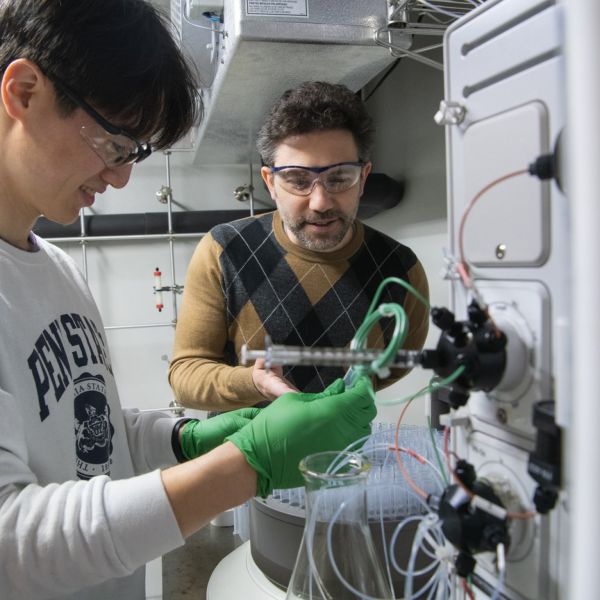 Joseph Cotruvo, Jr., professor of chemistry at Penn State, and Wonseok Choi, a graduate student, have been researching ways to separate rare earth elements using re-engineered bacterial proteins that are found in nature. Credit: Michelle Bixby / Penn State. Creative Commons