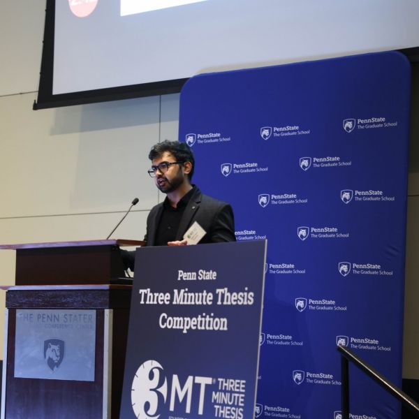 Aditya Sapre, a doctoral student studying chemical engineering, participates in the 2024 Three Minute Thesis competition. Sapre would go on to take home first place at the Penn State competition last spring.  Credit: Jillian Wesner / Fox Graduate School at Penn State. All Rights Reserved.