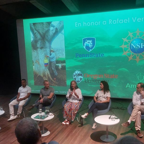 Mónica Medina, third from right, and Julian Prieto, first on left, participate in a COP16 panel discussion on coral reef conservation after a screening of the movie "Saving Atlantis" at the Museum of Art La Tertulia. Credit: Mónica Medina. All Rights Reserved.